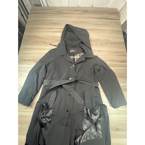 London Fog Women's Black Long Trench Coat with Removable Plaid Liner Size 14 - Picture 3 of 12